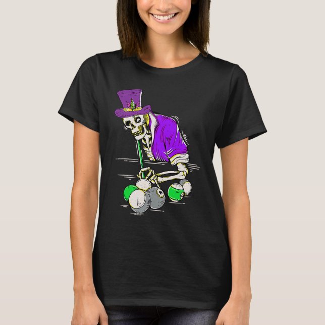 Jester Skeleton Billiard Player Mardi Gras Cool Po T-Shirt (Front)