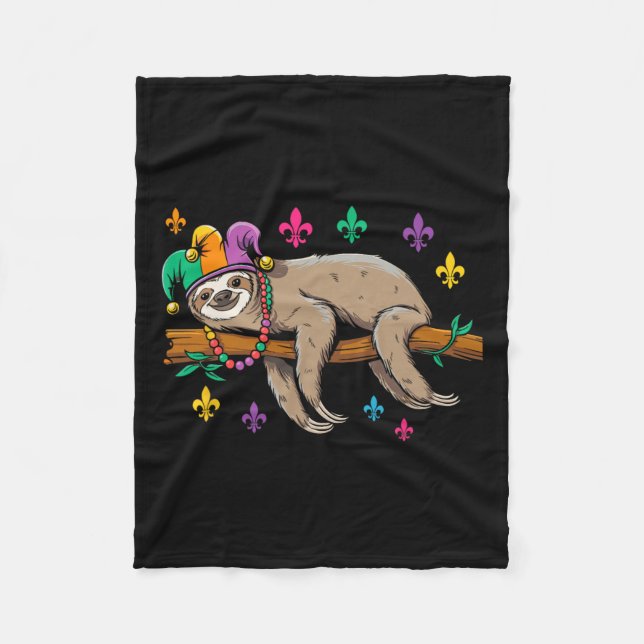Jester Sloth Animal Cute Funny Mardi Gras Carnival Fleece Blanket (Front)