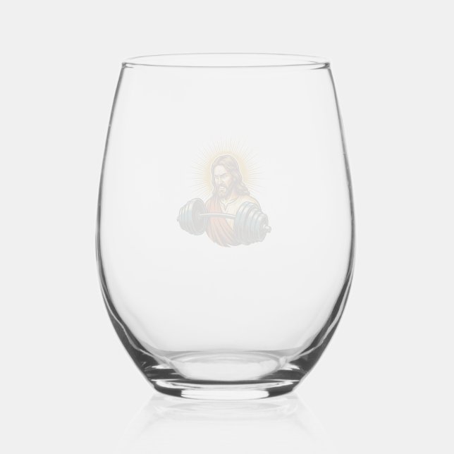 Jesus Accidentally Adding Too Much Weight Gym Fail Stemless Wine Glass (Front)