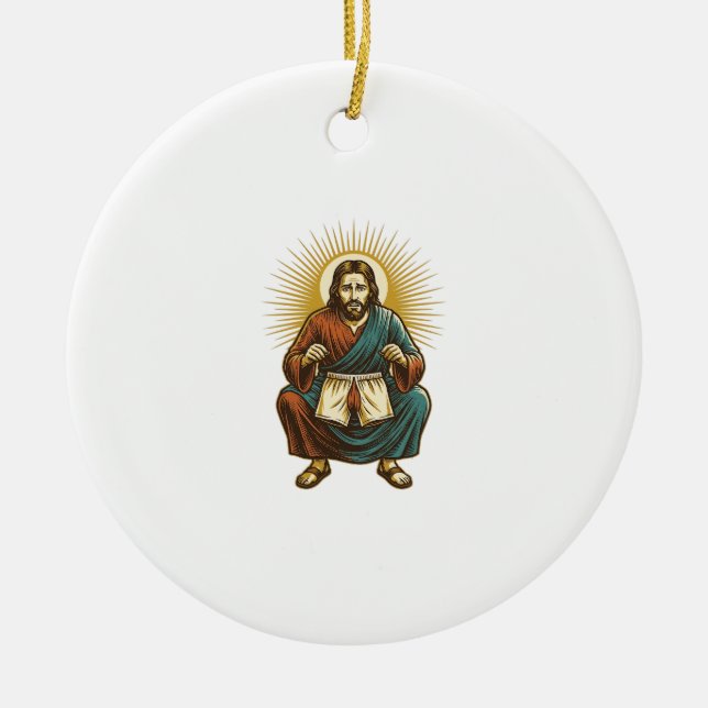Jesus Adjusting Uncomfortable Wedgie Mid Squat Gym Ceramic Tree Decoration (Front)