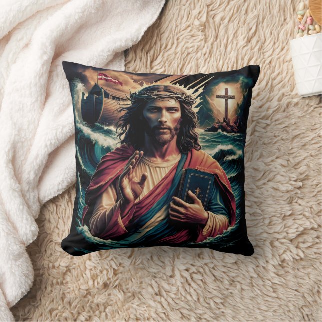 Jesus amid turbulent waves holding a book cushion (Blanket)