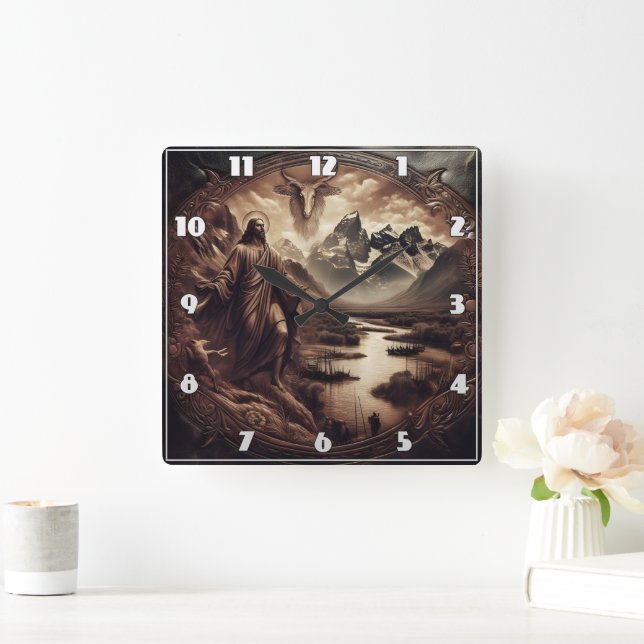 Jesus Amidst Mountains and River in Nature Square Wall Clock (Home)
