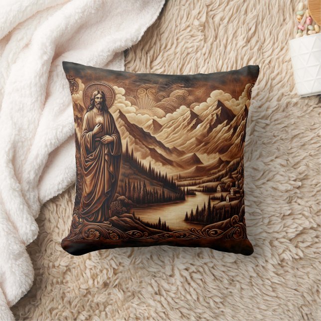 Jesus Amidst Mountains and River Landscape Cushion (Blanket)