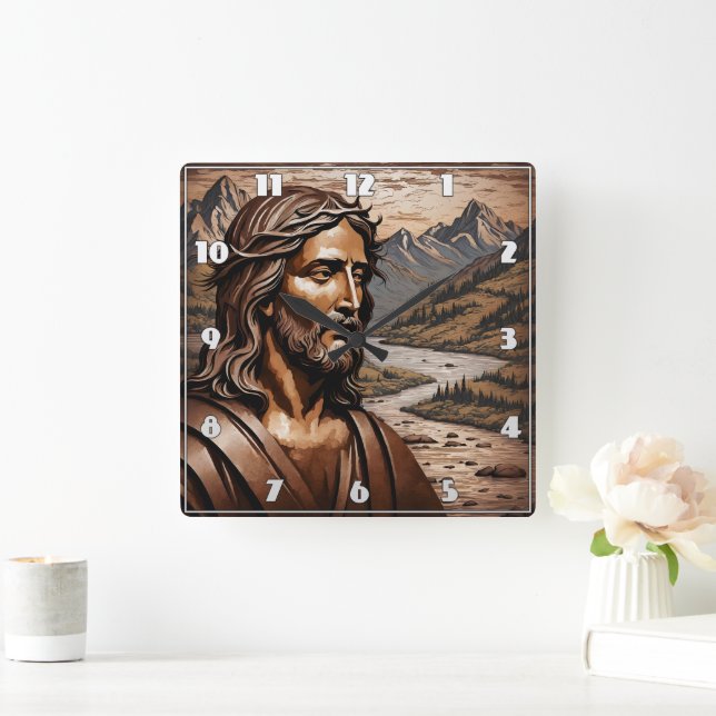 Jesus Among Mountains at Sunset Square Wall Clock (Home)