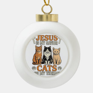 Jesus And Cats Are My Therapy Vintage Cat Shirt Ceramic Ball Christmas Ornament