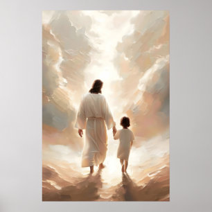 Jesus and Child Walking Jesus and Baby Painting Poster