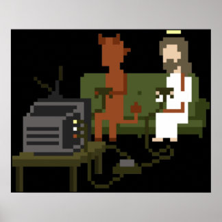 Jesus And Devil Playing Video Games Pixel Art Poster