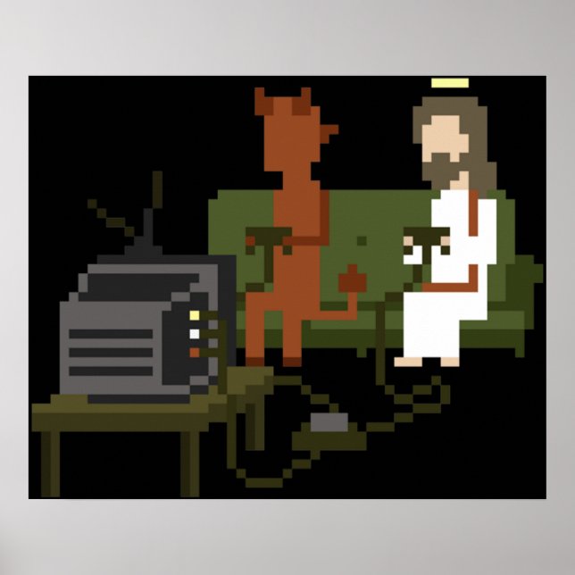 Jesus And Devil Playing Video Games Pixel Art Poster (Front)