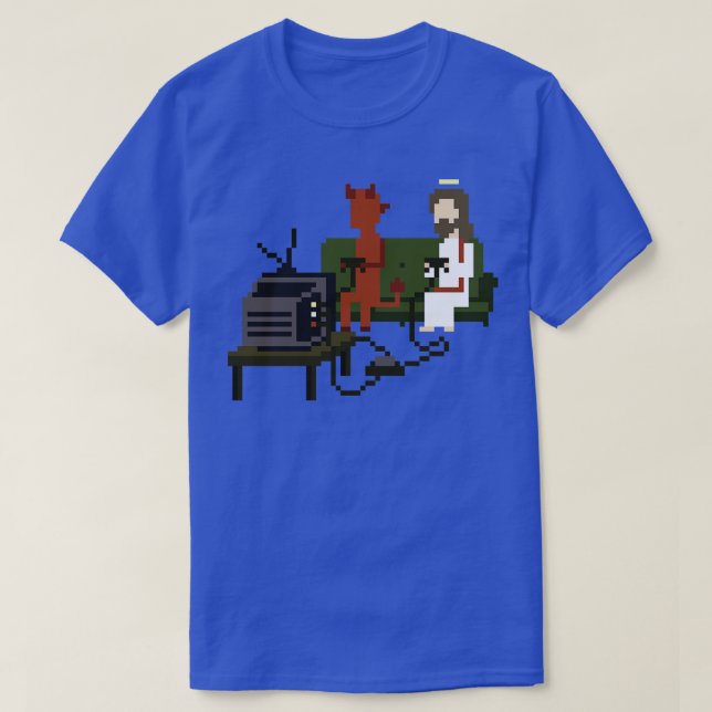 Jesus and Devil Playing Video Games Pixel Art T-Shirt (Design Front)