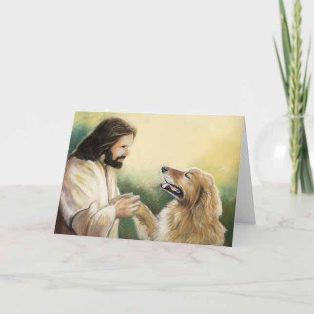 Jesus and Golden Retriever Dog Art Greeting Card (Front)