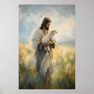 Jesus and Lamb Art Print, Christian Shepherd Poster