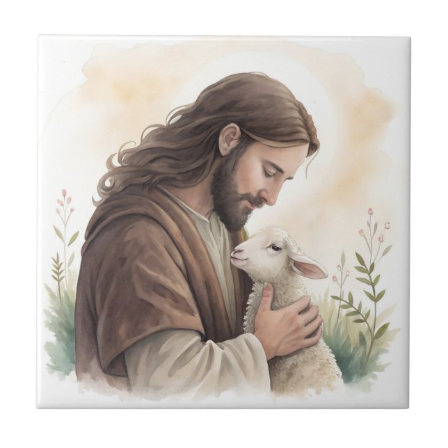 Jesus and Lamb Ceramic Tile (Front)