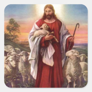 Jesus and lambs square sticker