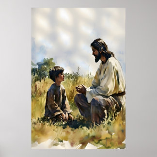 Jesus and Little Boy Talking in Field Print