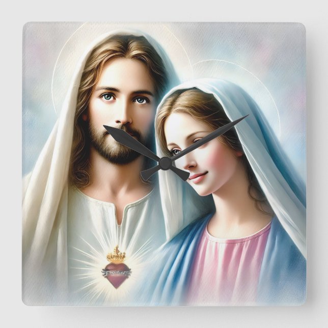 Jesus and Mary with Sacred Heart Square Wall Clock (Front)