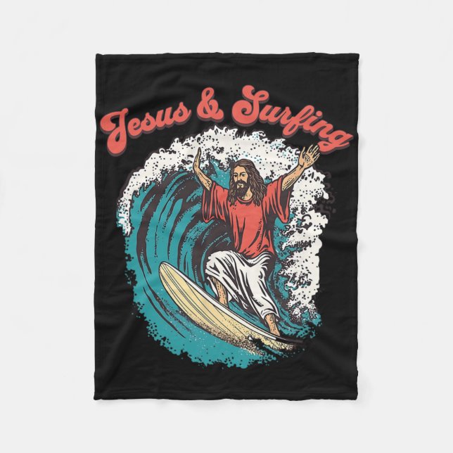 Jesus And Surfing Beach Funny Christian Meme Surf  Fleece Blanket (Front)