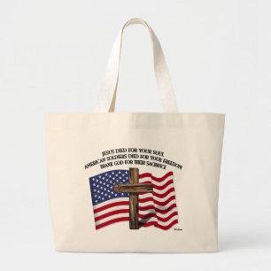 Jesus and the American Soldiers rugged cross US... Large Tote Bag