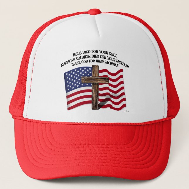 Jesus and the American Soldiers rugged cross US... Trucker Hat (Front)