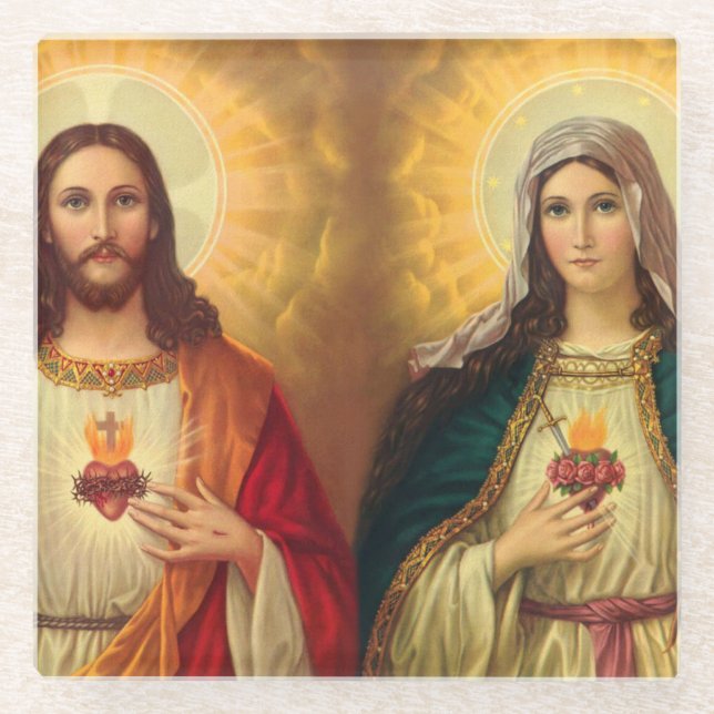 Jesus and Virgin Mary Sacred Heart Glass Coaster (Front)