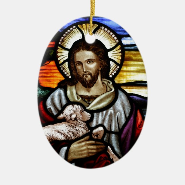 Jesus as the Good Shepherd Ceramic Tree Decoration (Front)