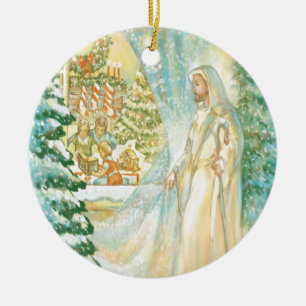 Jesus at Christmas Looking Through Veil of Snow Ceramic Tree Decoration