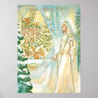 Jesus at Christmas Looking Through Veil of Snow Poster