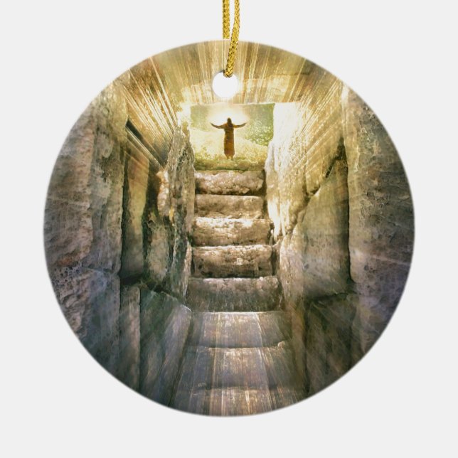 Jesus at Empty Tomb Easter Resurrection Ceramic Tree Decoration (Front)