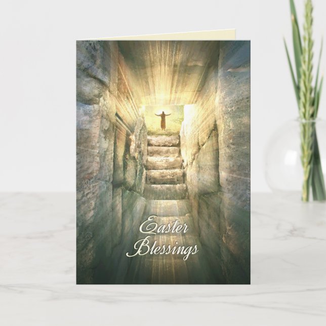 Jesus at the Empty Tomb in Light Rays for Easter Holiday Card (Front)