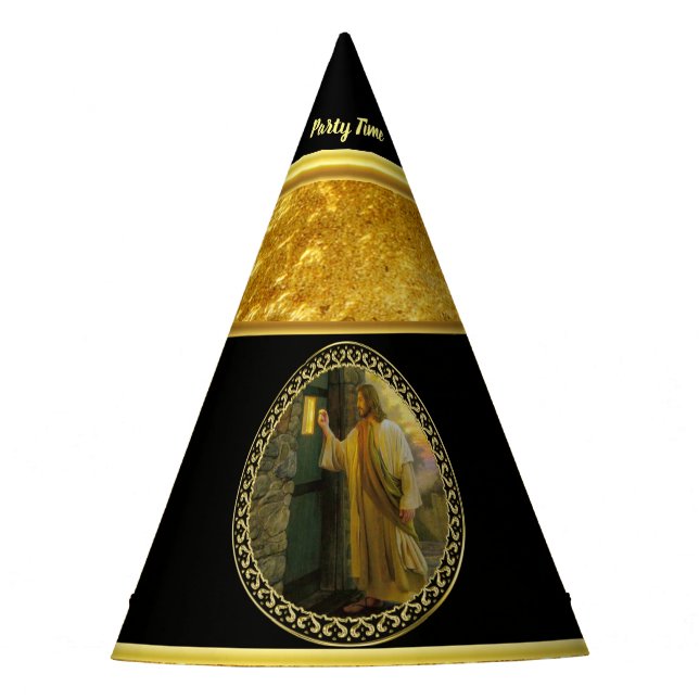 Jesus At Your Door in gold foil and black Party Hat (Front)