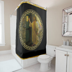 Jesus At Your Door in gold foil and black Shower Curtain