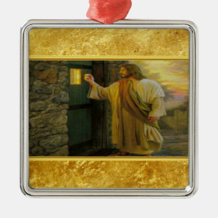Jesus At Your Door with a gold foil design Metal Tree Decoration