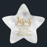 Jesus, Bible Verse Joyful Christmas Star Sticker<br><div class="desc">Jesus is the reason. Star Stickers
Isaiah bible verse scripture.
Praying your Christmas is filled with joy.
Christian Quote Gifts Shop by Vikkelynn Designs & Co.</div>