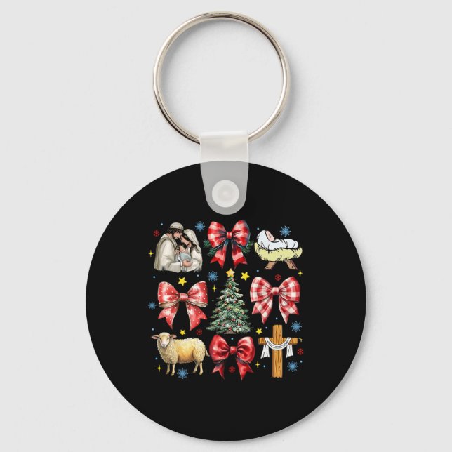 Jesus Birth Christmas Coquette Bow Nativity Scene  Key Ring (Front)