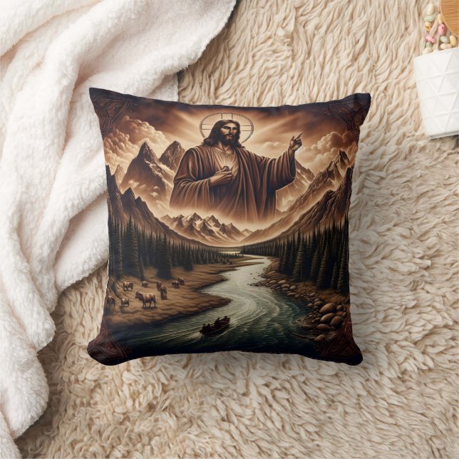 Jesus Blessing a Serene River Landscape Cushion (Blanket)