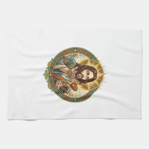 Jesus Blowing Kiss Red Heart Like Button Humor_1 Tea Towel