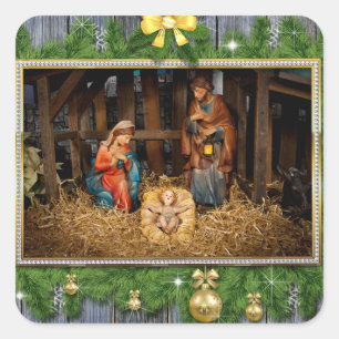 Jesus born manger square sticker