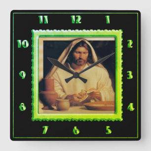 Jesus Breaking Bread lime green Square Wall Clock