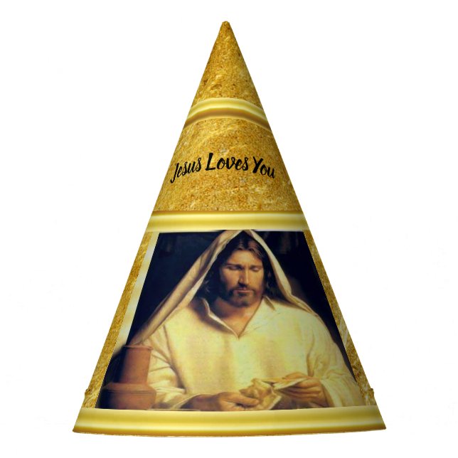 Jesus breaking bread matthew 14-13 Gold texture Party Hat (Front)