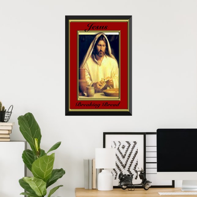 Jesus Breaking Bread Red Frame Poster (Home Office)