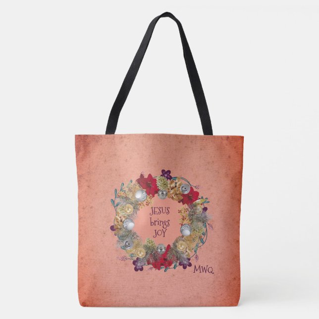 JESUS BRINGS JOY Peach Christmas Wreath Tote Bag (Front)