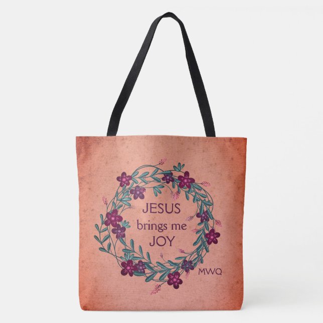 JESUS BRINGS ME JOY Peach Floral Monogram Tote Bag (Front)