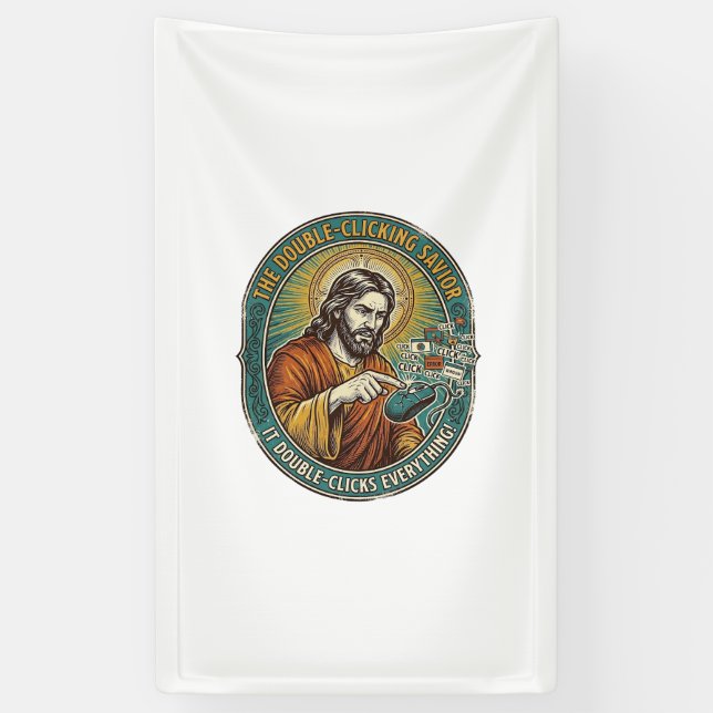 Jesus Broken Double Clicking Mouse IT Office Tech  Banner (Vertical)