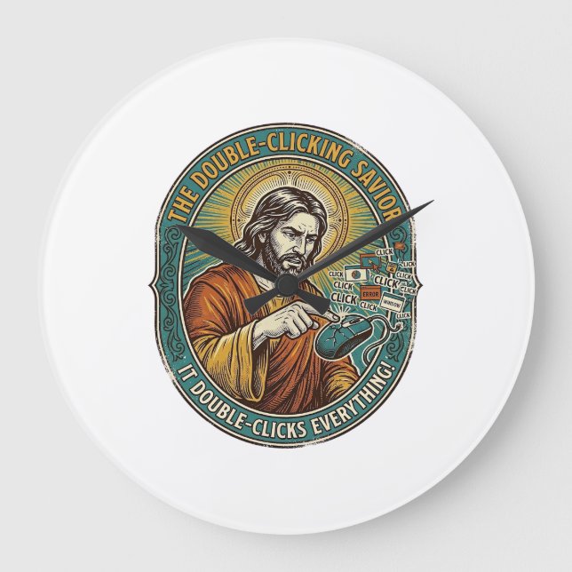 Jesus Broken Double Clicking Mouse IT Office Tech  Large Clock (Front)