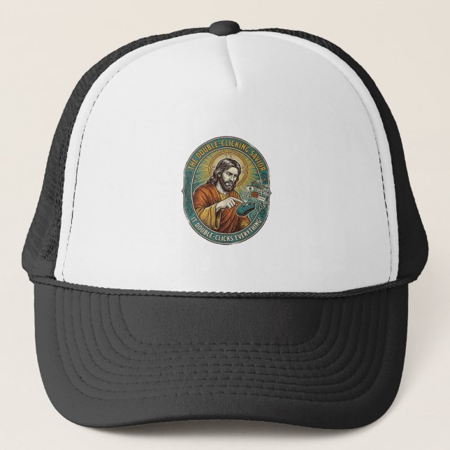 Jesus Broken Double Clicking Mouse IT Office Tech  Trucker Hat (Front)