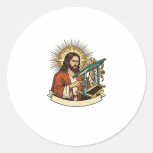 Jesus Broken Standing Desk Stuck Halfway Office Hu Classic Round Sticker