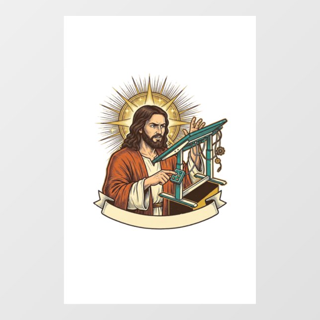 Jesus Broken Standing Desk Stuck Halfway Office Hu Window Cling (Sheet)