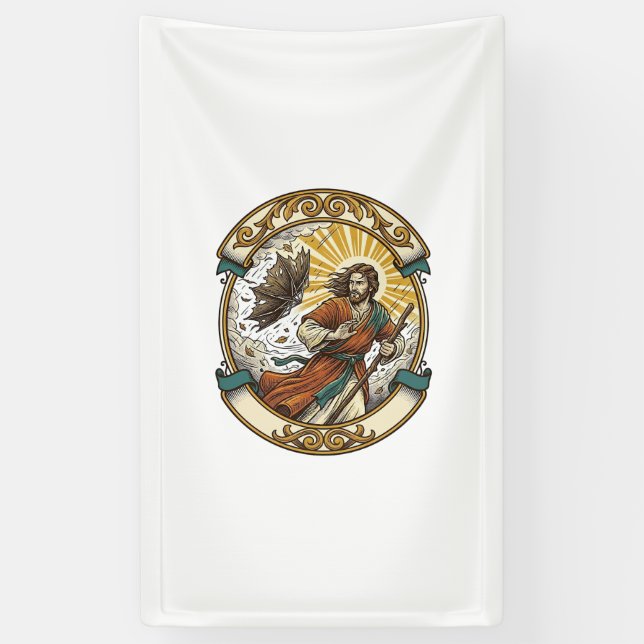 Jesus Broken Umbrella Blown Inside Out Windy Storm Banner (Vertical)