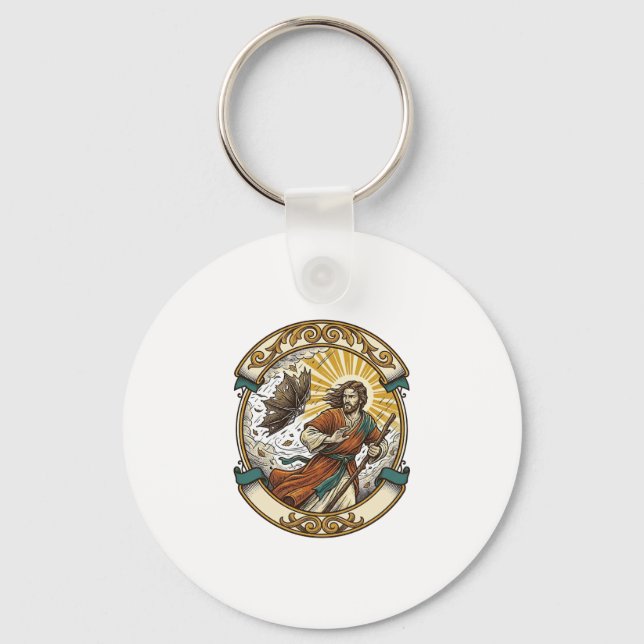 Jesus Broken Umbrella Blown Inside Out Windy Storm Key Ring (Front)