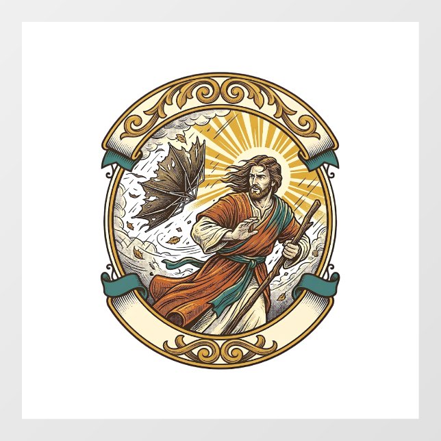 Jesus Broken Umbrella Blown Inside Out Windy Storm Window Cling (Sheet)