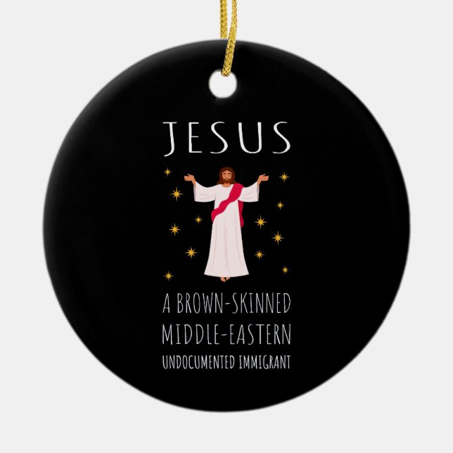 Jesus Brown-Skinned Undocumented Immigrant I Ceramic Tree Decoration (Front)